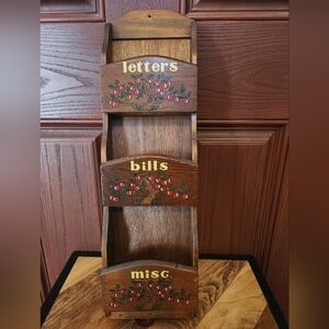 Vintage Wooden  Wall Mounted Mail Organizer With Painted Apple Trees